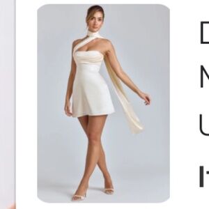 Draped Halterneck Satin Mini Dress in Ivory Size 6